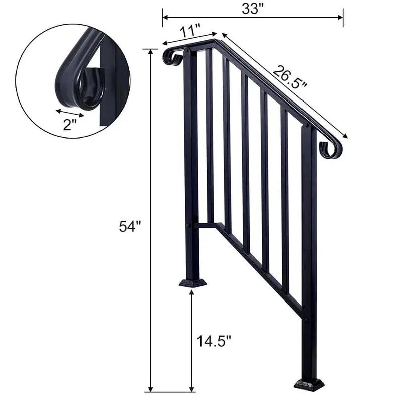 Badass Wrought Iron Handrail for 3 Step Outdoor Stairs Rustproof Heavy Duty Metal Safety Railing for Concrete Steps Porch Garden Commercial Grind Easy Mount