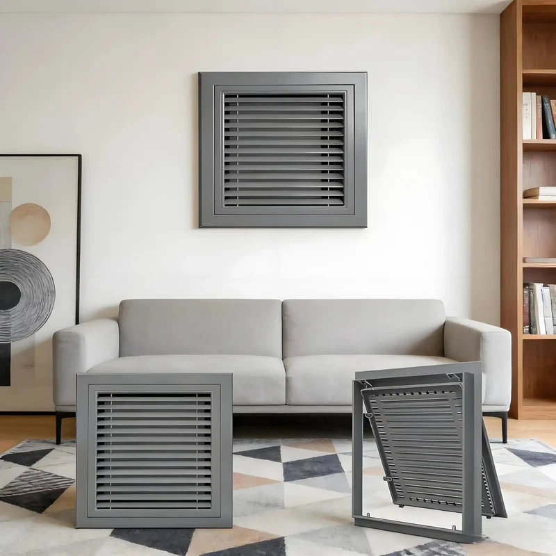 Slick Return Air Grille, Louvered Access Door With Magnetic Closure Drywall Panel, Ventilated Utility Cover For Attic And Crawl Space, Effortless Electric Box Faceplate, No Sweat Assembly, Classic Gray Color 20 By 20 Inches