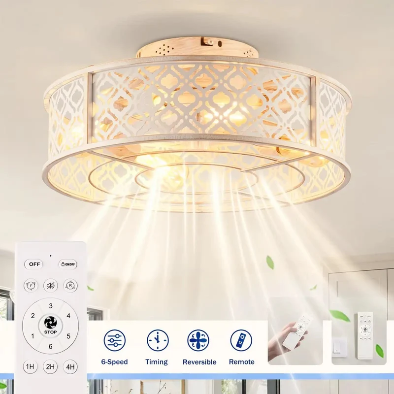 Hella Quiet Heavy Duty 20 Inch Flush Mount Ceiling Fan With Slick Remote And Clean Distressed White Iron Cage Low Profile Light Fixture For Tight Bedrooms Kitchens Big Time Airflow Zero Ceiling Hogging
