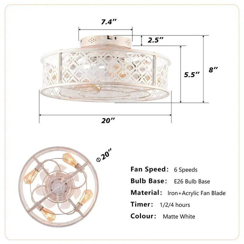 Hella Quiet Heavy Duty 20 Inch Flush Mount Ceiling Fan With Slick Remote And Clean Distressed White Iron Cage Low Profile Light Fixture For Tight Bedrooms Kitchens Big Time Airflow Zero Ceiling Hogging