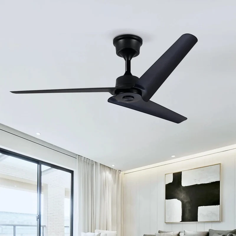 Modern 52 Inch Flush Mount Ceiling Fan With Reversible DC Motor And Wireless Remote Featuring Three Matte Black ABS Blades For A Super Chill Living Room Vibe