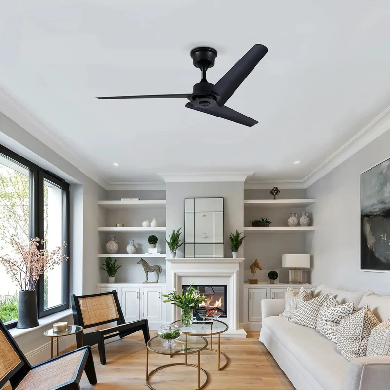 Modern 52 Inch Flush Mount Ceiling Fan With Reversible DC Motor And Wireless Remote Featuring Three Matte Black ABS Blades For A Super Chill Living Room Vibe