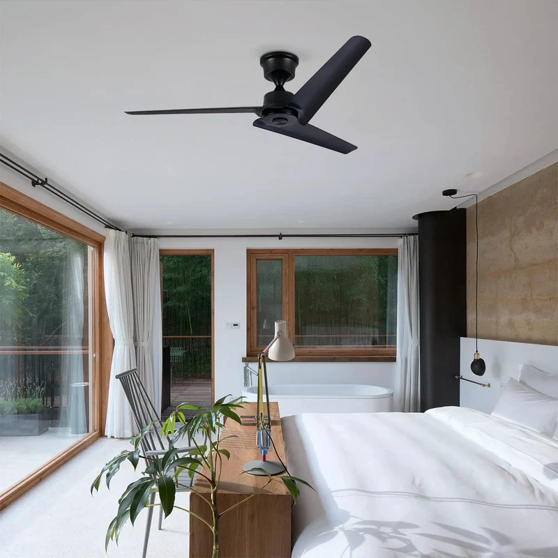 Modern 52 Inch Flush Mount Ceiling Fan With Reversible DC Motor And Wireless Remote Featuring Three Matte Black ABS Blades For A Super Chill Living Room Vibe