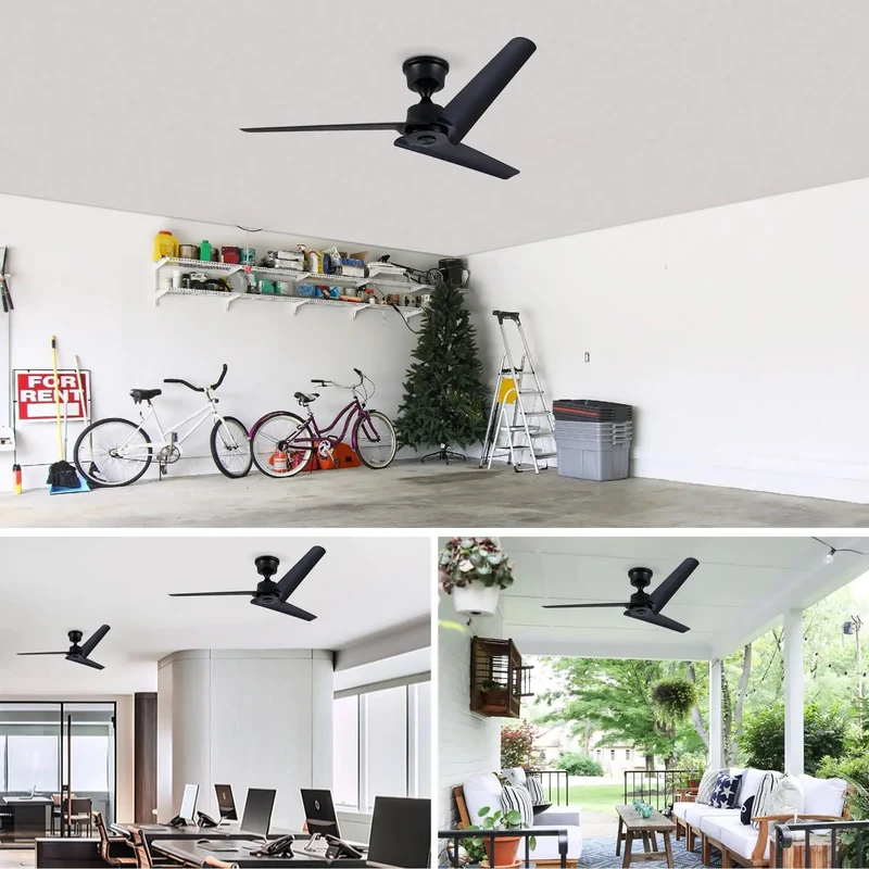 Modern 52 Inch Flush Mount Ceiling Fan With Reversible DC Motor And Wireless Remote Featuring Three Matte Black ABS Blades For A Super Chill Living Room Vibe