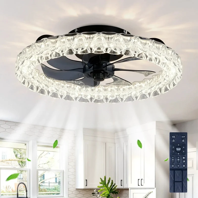 Galaxy Ceiling Fan Light Fixture Kit With Remote And Dimmable Led Bulbs Modern Flush Mount With Silent Dc Motor And Six Speed Settings Solid Black Metal Build For A Smooth As Butter Living Room Or Bedroom Setup