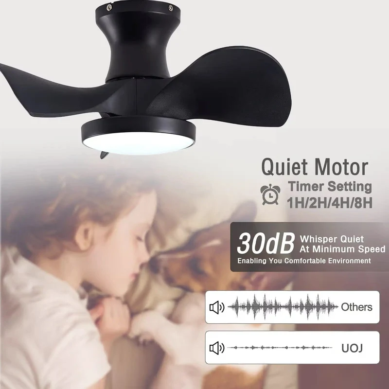 Smooth Twenty Two Inch Matte Black Ceiling Fan With Dead Quiet DC Motor And Darn Handy Remote Control Three Way Led Lighting Reversible Blades No Drama Flush Mount For Chill Bedrooms And Tight Kitchens Or Baths