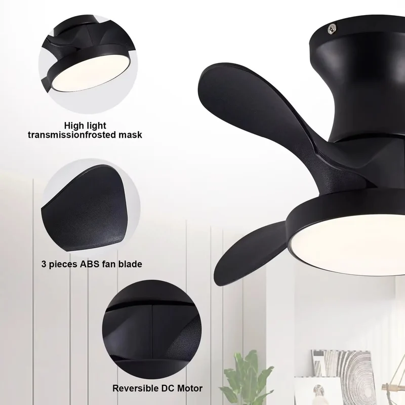 Smooth Twenty Two Inch Matte Black Ceiling Fan With Dead Quiet DC Motor And Darn Handy Remote Control Three Way Led Lighting Reversible Blades No Drama Flush Mount For Chill Bedrooms And Tight Kitchens Or Baths