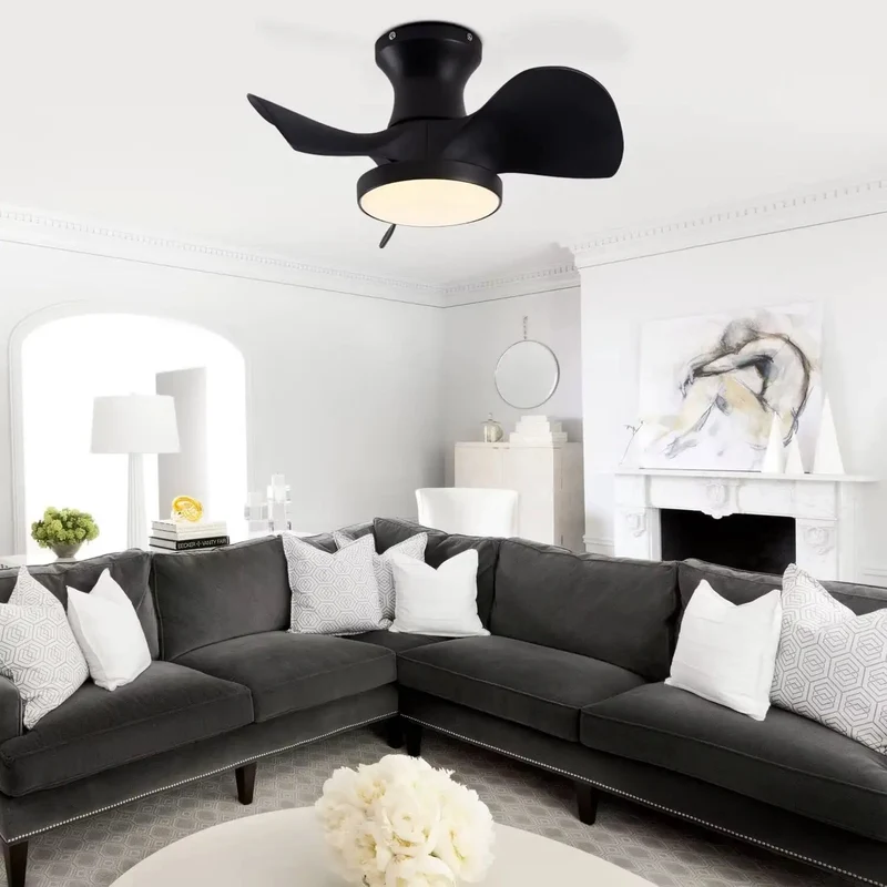 Smooth Twenty Two Inch Matte Black Ceiling Fan With Dead Quiet DC Motor And Darn Handy Remote Control Three Way Led Lighting Reversible Blades No Drama Flush Mount For Chill Bedrooms And Tight Kitchens Or Baths