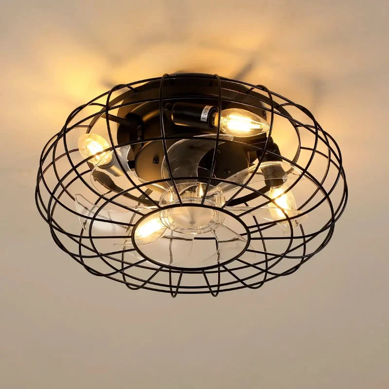 15 Point 7 Inch Flush Mount Cage Ceiling Fan With Built In Glow, Industrial Matte Black Wire Build, Reversible Dc Motor With Smart Remote, No Fuss Setup And Top Shelf Performance For Bedroom Kitchen