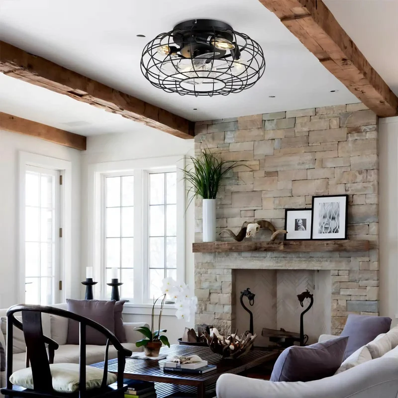 15 Point 7 Inch Flush Mount Cage Ceiling Fan With Built In Glow, Industrial Matte Black Wire Build, Reversible Dc Motor With Smart Remote, No Fuss Setup And Top Shelf Performance For Bedroom Kitchen