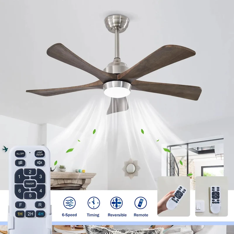 42 Inch Ceiling Fan With Remote Control And Bright Light Pairs Solid Sycamore Wood Blades With A Sharp Nickel Build To Bring Fresh Airflow And Chill Vibes Through Six Speed Levels And Reversible Motor Functionality