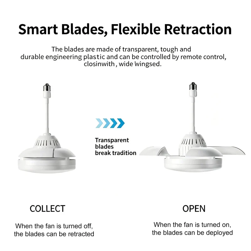 Small Ceiling Fan With Retractable Blades And Built In Light Remote Control Slick DC Motor Reversible Summer Winter Operation Clean Energy Efficient Indoor Setup White Smooth Space Saving Profile