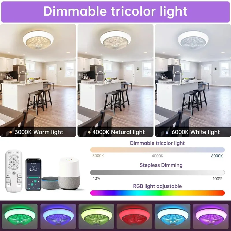 15 Inch Bladeless Ceiling Fan With Fly Flush Mount Look And Sick Rgb Led Atmosphere Support Six Speed Reversible Function Plus Silent Motor And Handy Remote Great For Bedroom Or Hangout Spot Bringing Clean Air And Dope Vibes Daily.