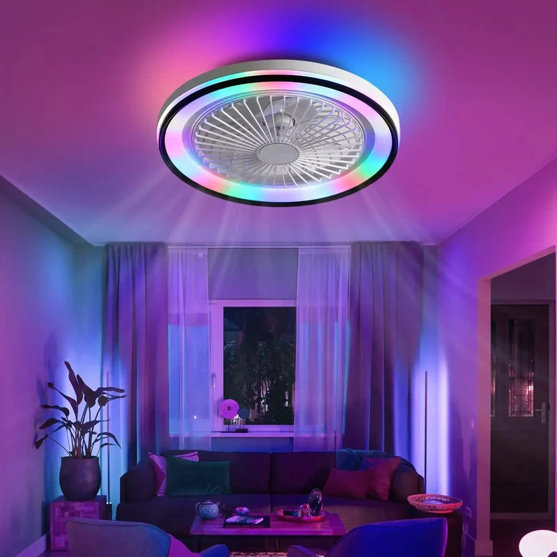 19 Inch Enclosed Bladeless Flush Mount Ceiling Fan Featuring Smooth Six Speed Reversible Airflow Hella Quiet Operation With Stepless Dimming And Rgb Mood Lighting Remote Control For Chill Indoor Rooms