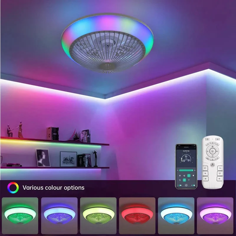 Clean 15 Inch Bladeless Flush Mount Ceiling Fan With Hella Quiet Reversible 6 Speed Airflow And Dope RGB Dimmable LED Mood Lighting Paired With Wireless Remote
