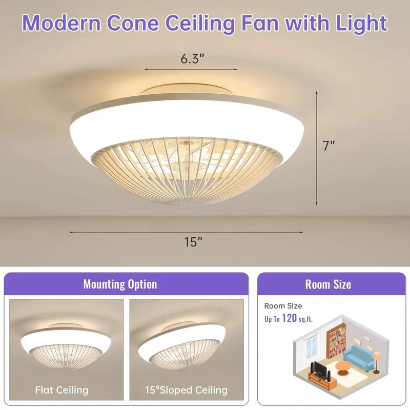 Clean 15 Inch Bladeless Flush Mount Ceiling Fan With Hella Quiet Reversible 6 Speed Airflow And Dope RGB Dimmable LED Mood Lighting Paired With Wireless Remote