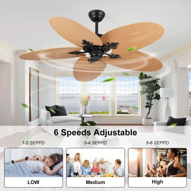 52 Inch Tropical Palm Leaf Ceiling Fan No Light 5 Hand Woven Rattan Blades Reversible Whisper Quiet DC Motor Remote Control Pull Chain Dual Mount Indoor Bedroom Coastal Farmhouse Boho Beach Vibe Super Chill Style All Day Long