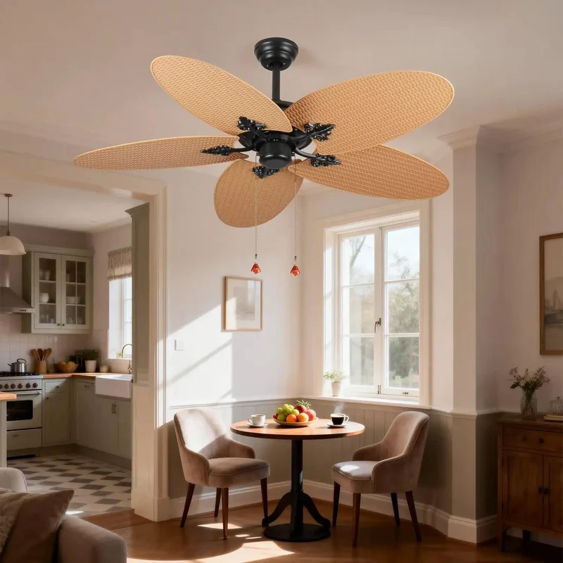52 Inch Tropical Palm Leaf Ceiling Fan No Light 5 Hand Woven Rattan Blades Reversible Whisper Quiet DC Motor Remote Control Pull Chain Dual Mount Indoor Bedroom Coastal Farmhouse Boho Beach Vibe Super Chill Style All Day Long