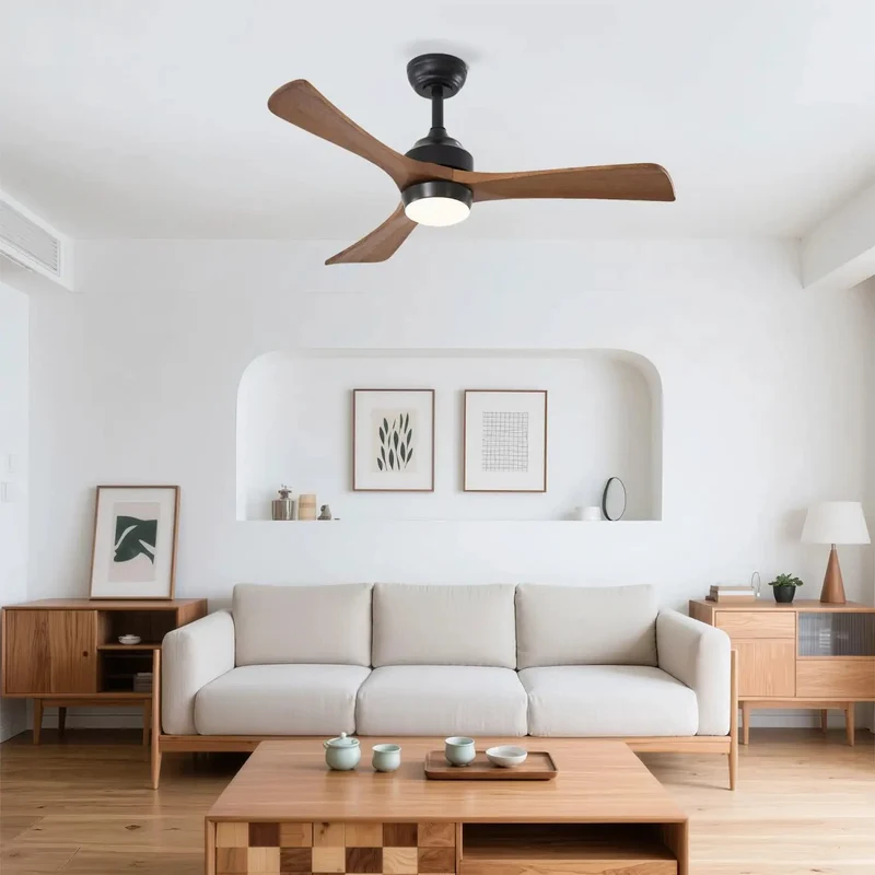 42 Inch Indoor Ceiling Fan Crafted From Solid Wood Blades And Sturdy Metal Frame To Set A Chill Vibe Featuring Six Speed Levels Memory Function And Reversible Rotation For Effortless Airflow And Easy Installation In Living Rooms Or Bedrooms