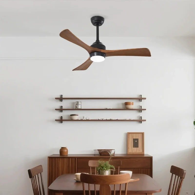 42 Inch Indoor Ceiling Fan Crafted From Solid Wood Blades And Sturdy Metal Frame To Set A Chill Vibe Featuring Six Speed Levels Memory Function And Reversible Rotation For Effortless Airflow And Easy Installation In Living Rooms Or Bedrooms