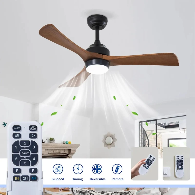 42 Inch Indoor Ceiling Fan Crafted From Solid Wood Blades And Sturdy Metal Frame To Set A Chill Vibe Featuring Six Speed Levels Memory Function And Reversible Rotation For Effortless Airflow And Easy Installation In Living Rooms Or Bedrooms