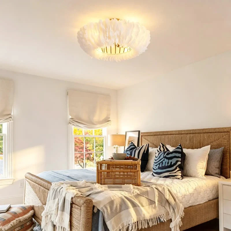 20 Inch Feather Flush Mount Ceiling Fan With Remote, 6 Speed Reversible DC Motor Light Combo, Low Profile Cloud Style Chandelier For Bedroom, Straight Up Stunning Decor That Hits Different