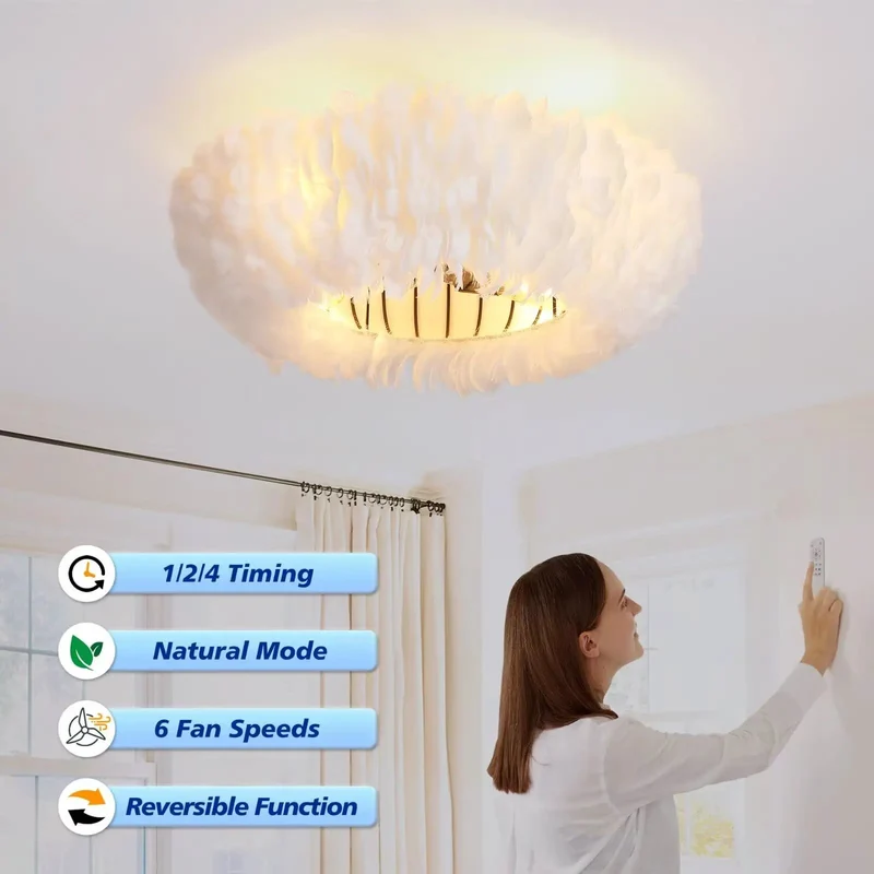 20 Inch Feather Flush Mount Ceiling Fan With Remote, 6 Speed Reversible DC Motor Light Combo, Low Profile Cloud Style Chandelier For Bedroom, Straight Up Stunning Decor That Hits Different