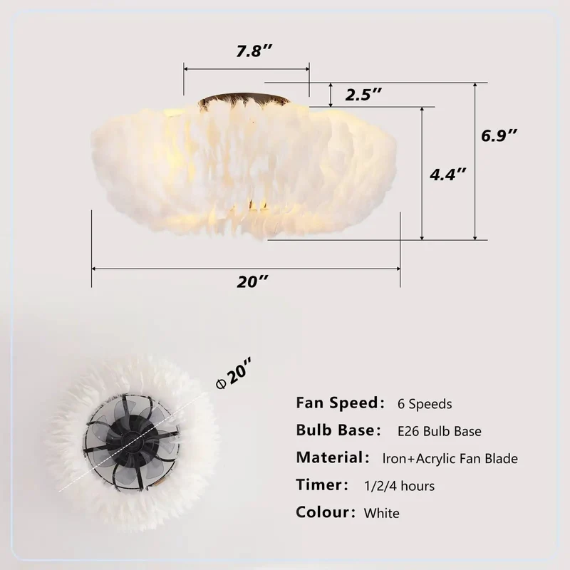 20 Inch Feather Flush Mount Ceiling Fan With Remote, 6 Speed Reversible DC Motor Light Combo, Low Profile Cloud Style Chandelier For Bedroom, Straight Up Stunning Decor That Hits Different