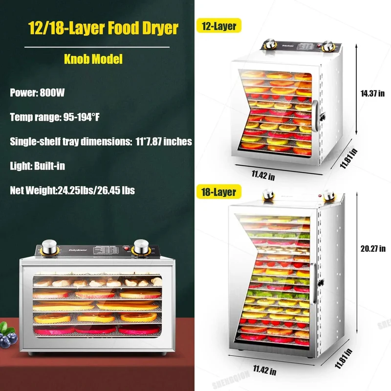 Heavy Duty Commercial Food Dehydrator with Smart Temp Control and Timer, 6 Tray Stainless Steel Dryer for Meat Jerky and Fruits, Tempered Glass Watch Window, No Sweat Dishwasher Safe Trays, Low Noise Powerhouse for Home Kitchen