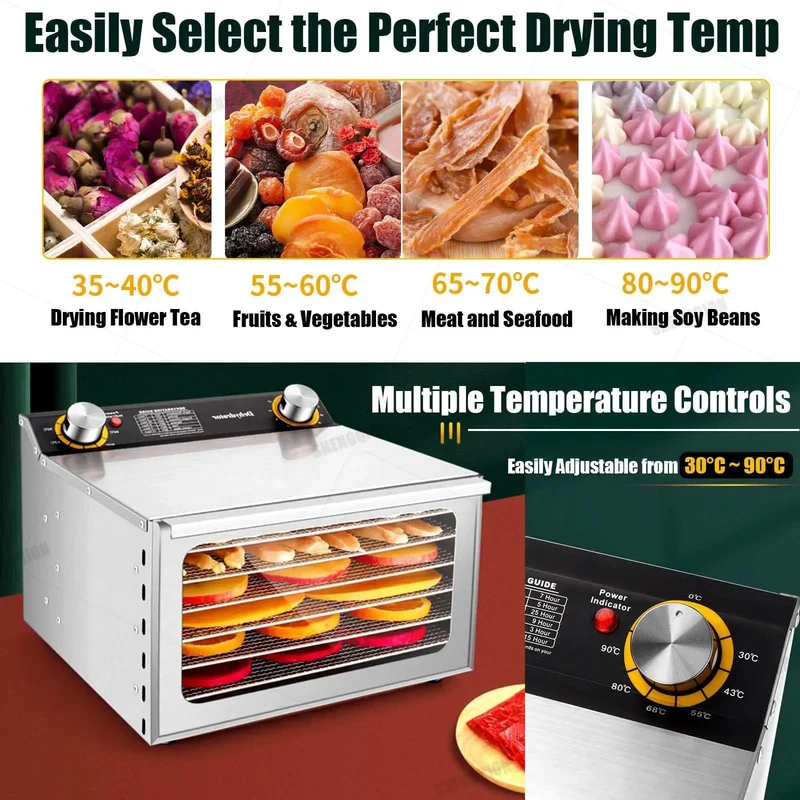 Heavy Duty Commercial Food Dehydrator with Smart Temp Control and Timer, 6 Tray Stainless Steel Dryer for Meat Jerky and Fruits, Tempered Glass Watch Window, No Sweat Dishwasher Safe Trays, Low Noise Powerhouse for Home Kitchen
