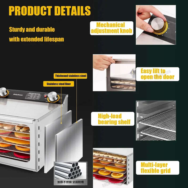 Heavy Duty Commercial Food Dehydrator with Smart Temp Control and Timer, 6 Tray Stainless Steel Dryer for Meat Jerky and Fruits, Tempered Glass Watch Window, No Sweat Dishwasher Safe Trays, Low Noise Powerhouse for Home Kitchen