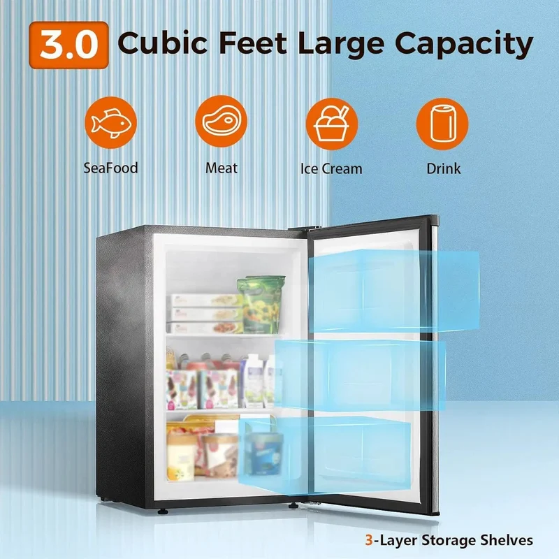 Slick Compact 3 Cubic Feet Upright Freezer In Matte Black Housing With Two Slide Out Shelves Designed For Hassle Free Storage Of Meat Seafood Ice Cream And Breast Milk While Keeping Your Daily Grocery Hauls Chilled And Easily Accessible