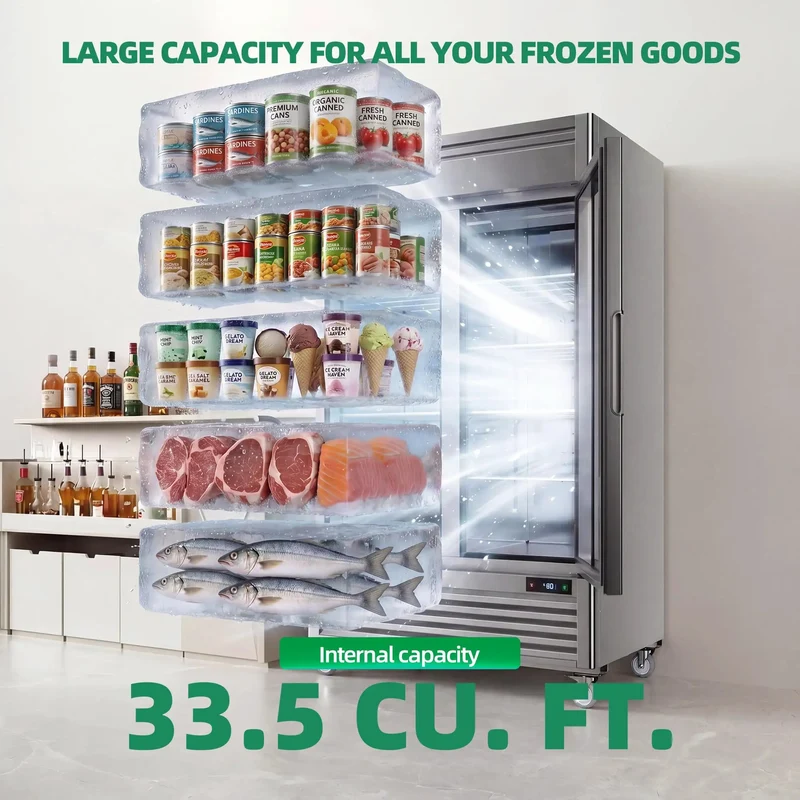 Heavy Duty Commercial Upright Display Freezer With Tempered Glass Door 33.5 Cubic Foot Auto Defrost Digital Temperature Control Rock Solid Stainless Steel Build For Retail And Restaurant Owners