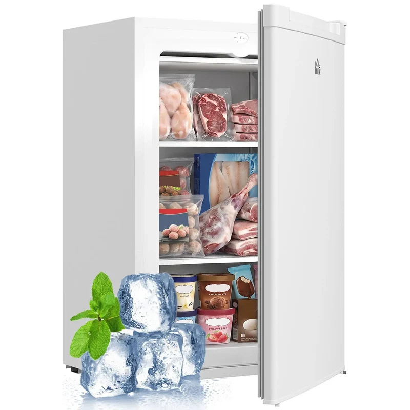 Heavy Duty Upright Mini Freezer Delivers Reliable Frost Free Chill With Reversible Single Door And Easy Dial Thermostat Built Tough For Bedroom Corners Studio Apts Or Rec Room Shelving