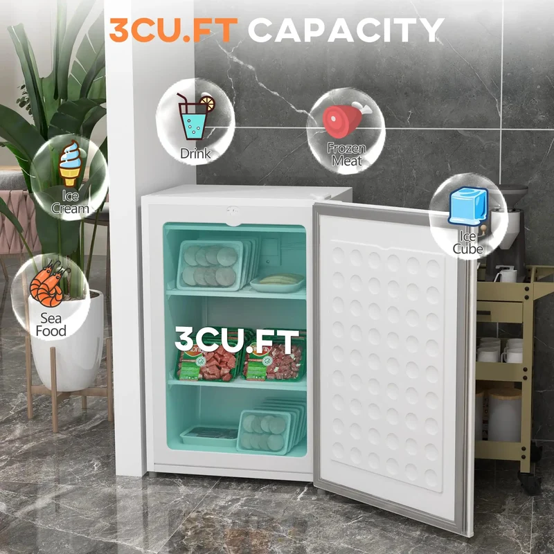 Heavy Duty Upright Mini Freezer Delivers Reliable Frost Free Chill With Reversible Single Door And Easy Dial Thermostat Built Tough For Bedroom Corners Studio Apts Or Rec Room Shelving