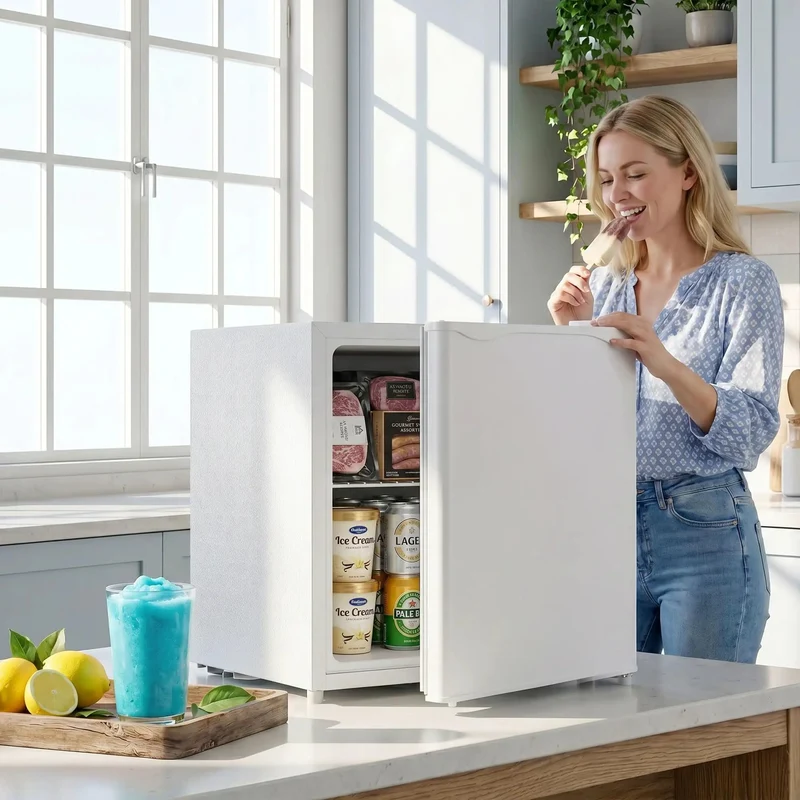 Hella Compact Mini Upright Freezer Packs 1 Point 1 Cubic Feet Inside With Five Level Temperature Knob Removable Shelves And Crisp White Finish Specially Built For Dorm Rooms Offices Or Small Kitchens To Keep Your Grub Chilled