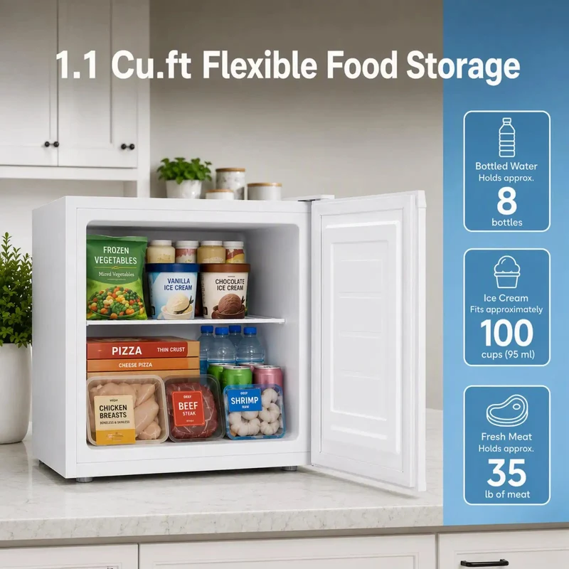 Compact 1.1 Cu Ft Upright Mini Freezer In Bright White For Dorms Small Apartments And Garages Fast Freeze Tech Keeps Your Cold Stash Frosty While Taking Zero Footprint Off The Kitchen Floor