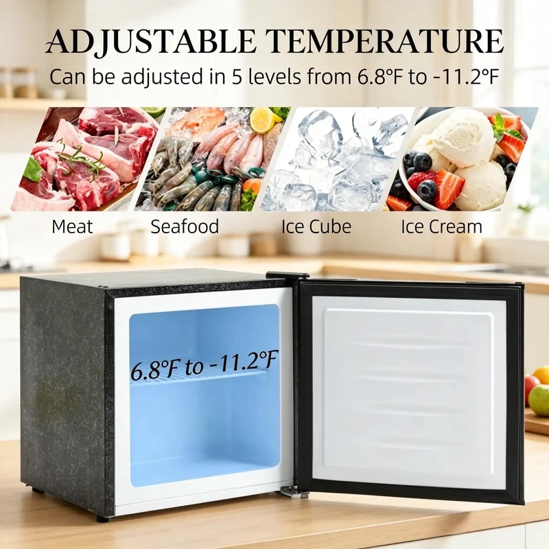 Slick Compact Upright Mini Freezer Offering One Point One Cubic Feet Of Cold Storage With Five Adjustable Thermostat Settings And A Reversible Black Exterior For Storing Meats Seafood And Desserts Without The Sweat