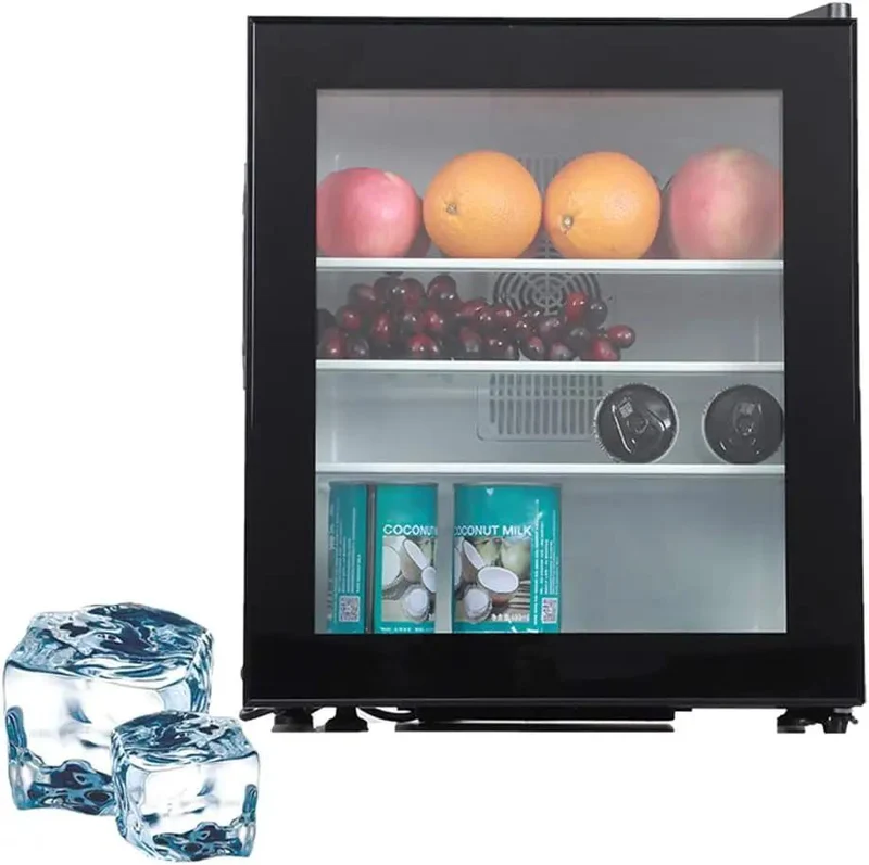 Compact Upright Mini Freezer Featuring A Sleek Black Glass Door With Energy Efficient Cooling That Runs Dead Quiet At Twenty Eight Decibels Ideal For Dorms Offices Or Small Bedrooms With Plug And Play Design