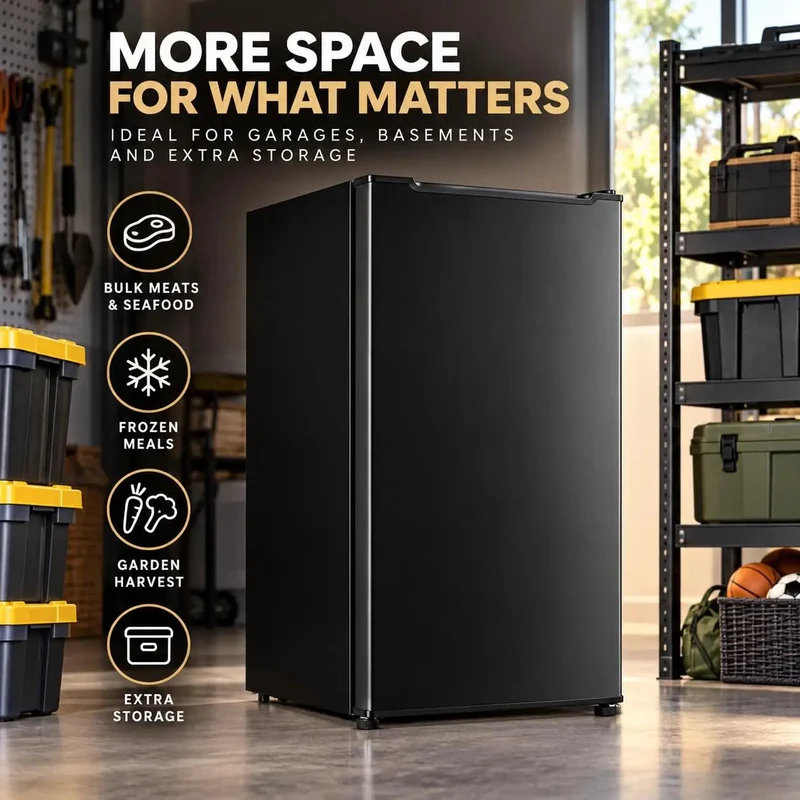 Kickin Compact 3.2 Cubic Foot Upright Freezer Solid Black Design Legit Space Saving Cold Storage For Garage Tight Kitchen And College Dorm Room With Smooth 3 Level Thermostat