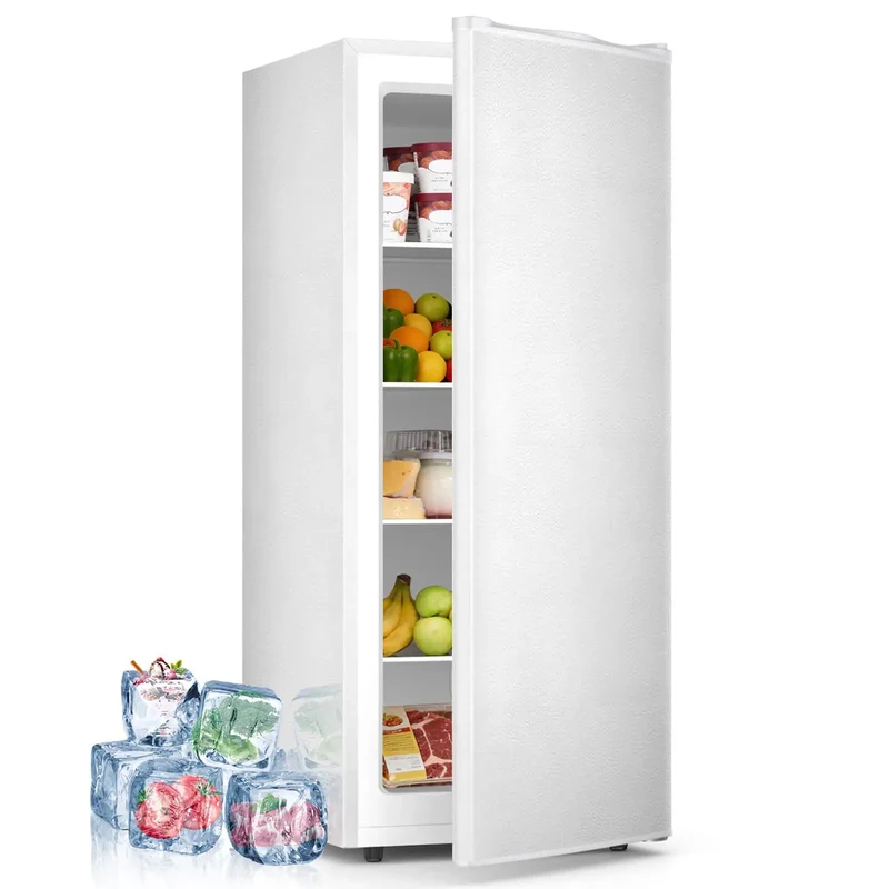 Compact Upright Freezer With 6 Cubic Feet Capacity And Seven Temperature Settings. Deep Freeze Features Detachable Glass Racks And Reversible Hinge. Rubber Feet Keep Setup Rock Solid For Zero Hassle. White Choice For Dorms Or Tiny Spaces.