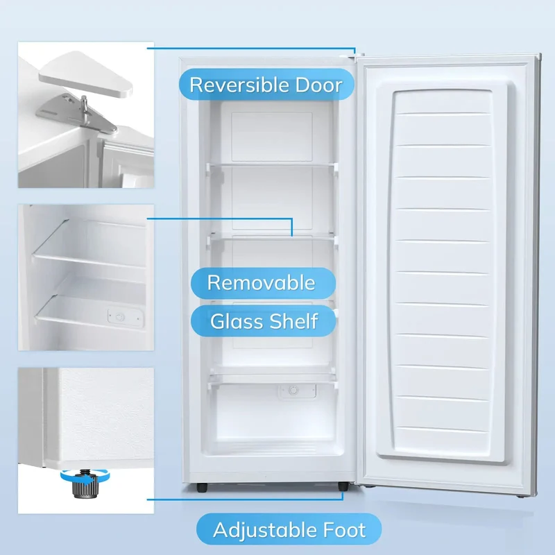 Compact Upright Freezer With 6 Cubic Feet Capacity And Seven Temperature Settings. Deep Freeze Features Detachable Glass Racks And Reversible Hinge. Rubber Feet Keep Setup Rock Solid For Zero Hassle. White Choice For Dorms Or Tiny Spaces.