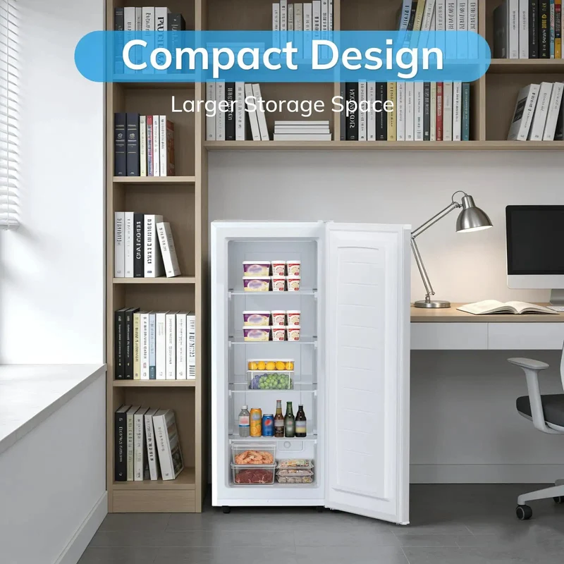 Compact Upright Freezer With 6 Cubic Feet Capacity And Seven Temperature Settings. Deep Freeze Features Detachable Glass Racks And Reversible Hinge. Rubber Feet Keep Setup Rock Solid For Zero Hassle. White Choice For Dorms Or Tiny Spaces.