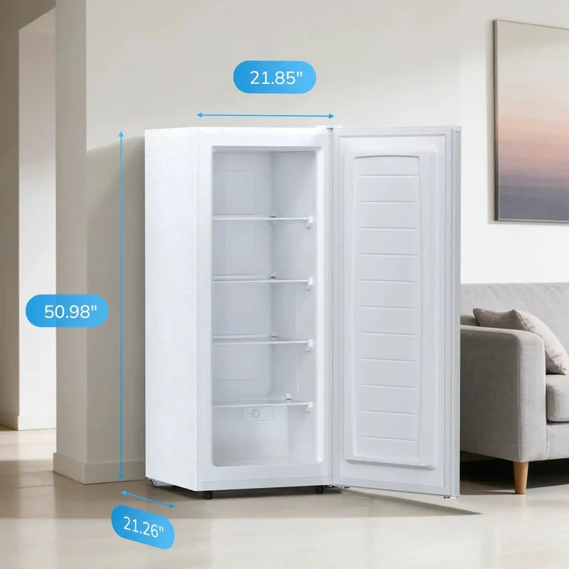 Compact Upright Freezer With 6 Cubic Feet Capacity And Seven Temperature Settings. Deep Freeze Features Detachable Glass Racks And Reversible Hinge. Rubber Feet Keep Setup Rock Solid For Zero Hassle. White Choice For Dorms Or Tiny Spaces.
