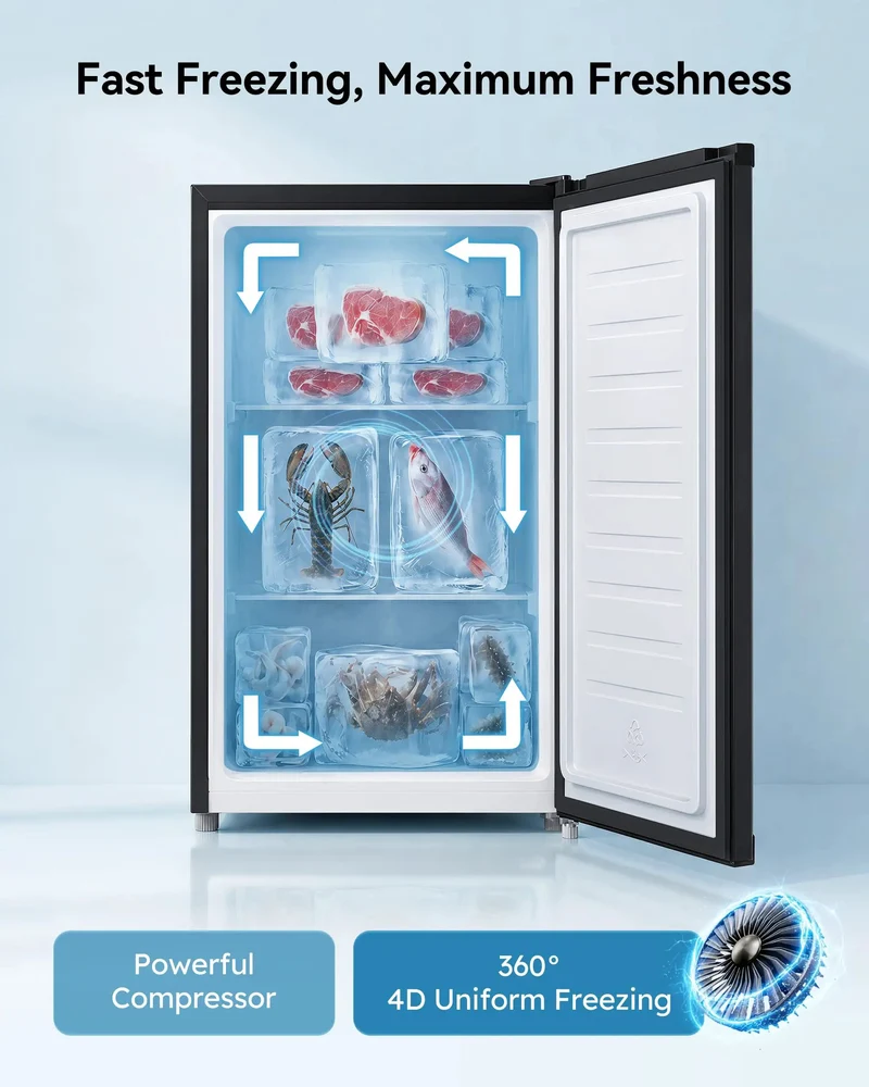 Compact 3.0 Cubic Foot Upright Mini Freezer In Black Delivers Sweet Cold Storage For Apartments And Dorm Rooms Without Making A Peep Keeps Meat And Ice Cream Totally Crisp All Season Long While Sliding Under Counters Smooth As Silk