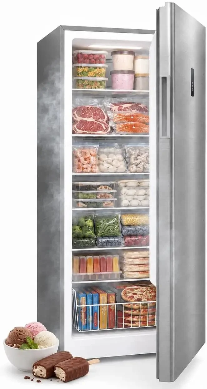 Heavy Duty Stand Alone Upright Freezer Featuring Bulletproof Insulation And Rock Solid Cooling For Garages Basements And Commercial Kitchens Built Tough To Keep Your Frozen Goods Frosty Year Round