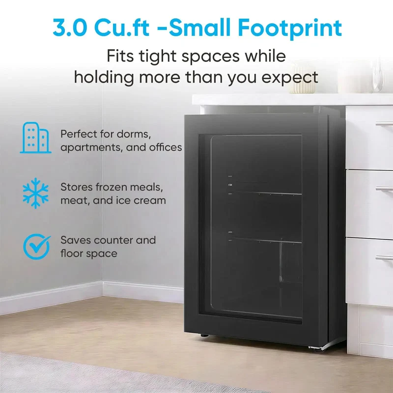 3.0 Cu Ft Upright Freezer With Clear Glass Door Sleek Black Cabinet Straight Up Heavy Duty Storage Workhorse Perfect For Compact Apartments Dorm Rooms And Garages Guaranteeing Serious Cold Performance For Everyday Grocery Needs