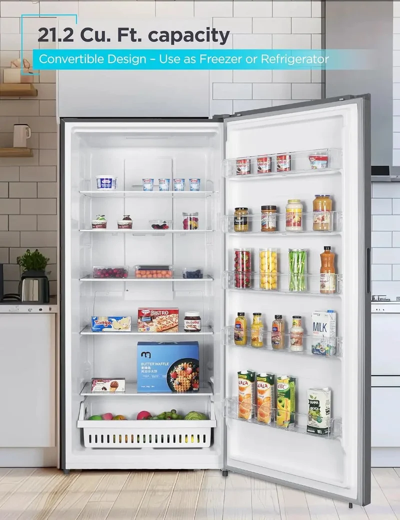 Hella Roomy 21 Point 2 Cu Ft Convertible Upright Freezer Refrigerator With Glass Shelves Reversible Door Slick Stainless Look Quick Chill Settings Built Rock Solid For Heavy Duty Frozen Food Hauls Any Day