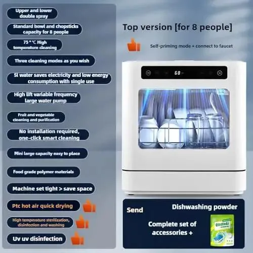 Portable Countertop Dishwasher With 8 Place Settings And 5 Wash Cycles Plug And Play Compact Counter Saver That Cleans Like A Dream With Zero Hassle Setup And Heavy Duty Sanitizing For Daily Grind