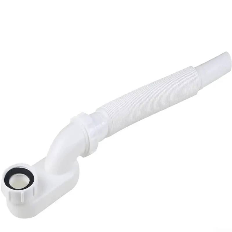 Super Sleek Flat Bathtub Drain Pipe Kit With Flexible Waste Pipe For Freestanding Tub Low Profile P-Trap And Extendable 92Cm Length To Crush Tight Spaces With Slick White Finish And G1-1/2 Connection Total Space Game Changer